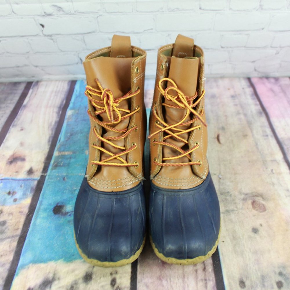 LL Bean Unlined Brown Leather Blue Rubber Duck Bean Boots Size 7 M - Picture 5 of 9